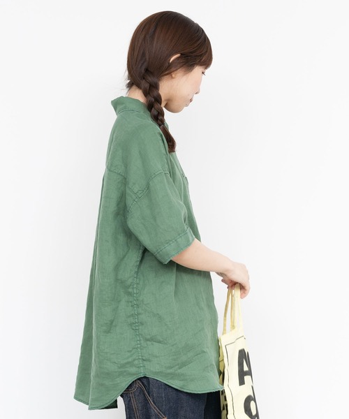 PAR ICI（パーリッシィ）の「60リネン製品染め 半袖BIGシャツ（シャツ/ブラウス・レディース・グリーン/ホワイト/ブラック/サックスブルー・FREE）」の7枚目の写真