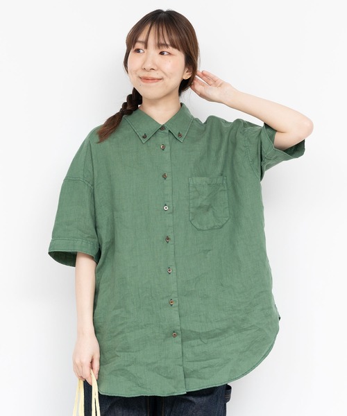 PAR ICI（パーリッシィ）の「60リネン製品染め 半袖BIGシャツ（シャツ/ブラウス・レディース・グリーン/ホワイト/ブラック/サックスブルー・FREE）」の5枚目の写真