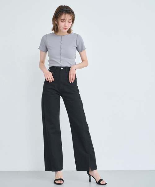 ハイウエストスリットデニムパンツ　Herlipsto ハイウエスト デニムパンツ スリット韓国[品番：II000007469