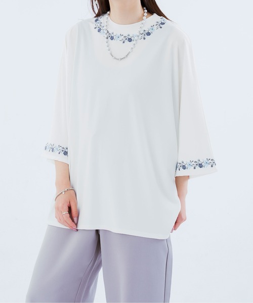 Ellno Loset(エルノロゼット)の「フラワー刺繍ドルマンT(Tシャツ/カットソー・メンズ・オフホワイト/ブラック・MEDIUM/LARGE)」の4枚目の写真