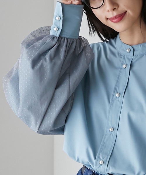 BONLECILL(ボンルシール)の「ドットチュールボリュームスリーブ パールボタンバンドカラーシャツ(シャツ/ブラウス・レディース・アイボリー/ブラック/チャコールグレー/ネイビー/ブルー・FREE)」の12枚目の写真