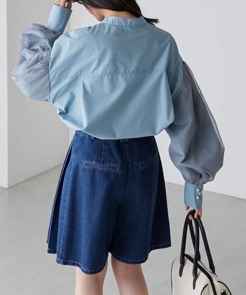 BONLECILL(ボンルシール)の「ドットチュールボリュームスリーブ パールボタンバンドカラーシャツ(シャツ/ブラウス・レディース・アイボリー/ブラック/チャコールグレー/ネイビー/ブルー・FREE)」の14枚目の写真