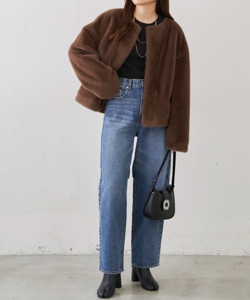 Shelly island（シェリーアイランド）の「ファーショートコート（ノーカラーコート・レディース・ブラウン/グレー・FREE）」の15枚目の写真