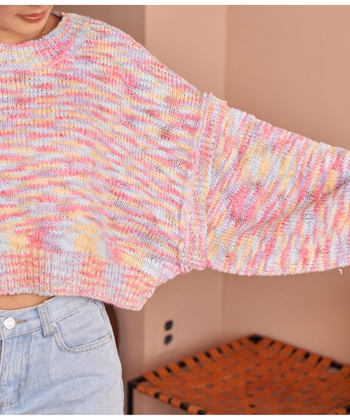 anap mimpi（アナップミンピ）の「アーム切替クロップド丈MIXスラブニット（ニット/セーター・レディース・グレー/ピンク・FREE）」の3枚目の写真