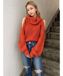 オフタートルオフショルニットトップス