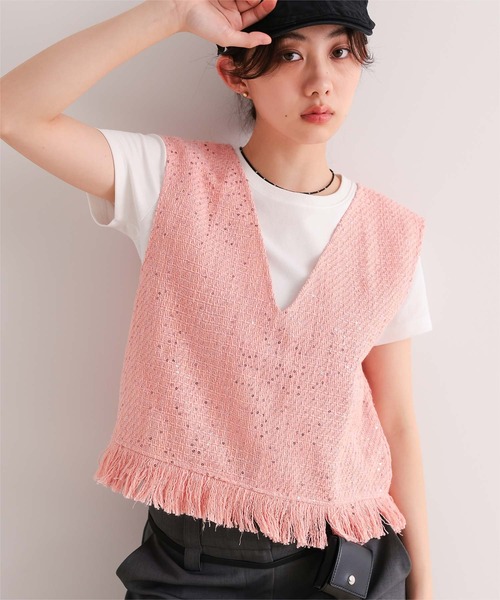 miette(ミエット)の「スパンコールツイードフリンジショートベスト(ベスト・レディース・ライトブルー/アイボリー/ライトグリーン/ピンク・FREE)」の1枚目の写真