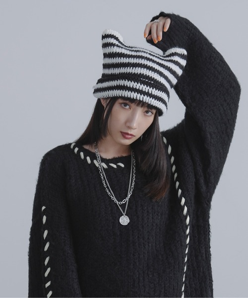 Ellno Loset（エルノロゼット）の「ネコミミニット帽（ニットキャップ/ビーニー・メンズ・グレー/オフホワイト/ブラック・FREE）」の5枚目の写真