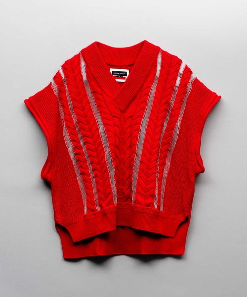 UNISEX》Cable Knitting Sheer Intarsia Prime-Over V-Neck Knit Vest