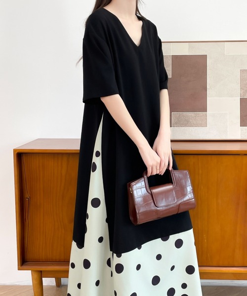 ABITOKYO(アビトーキョー)の「異素材ドット柄ドッキングカットワンピース(ワンピース・レディース・グリーン系その他/ホワイト系その他/ブラック系その他・M/L)」の7枚目の写真