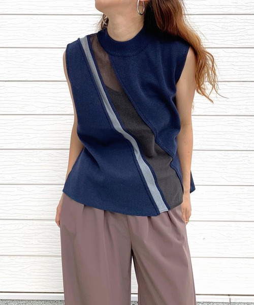 Q（キュー）の「シアーラインニット（ニット/セーター・レディース・ネイビー/グレイッシュベージュ・MEDIUM）」の9枚目の写真