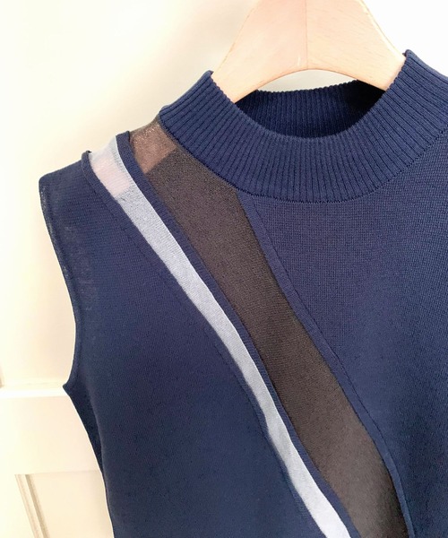 Q（キュー）の「シアーラインニット（ニット/セーター・レディース・ネイビー/グレイッシュベージュ・MEDIUM）」の6枚目の写真