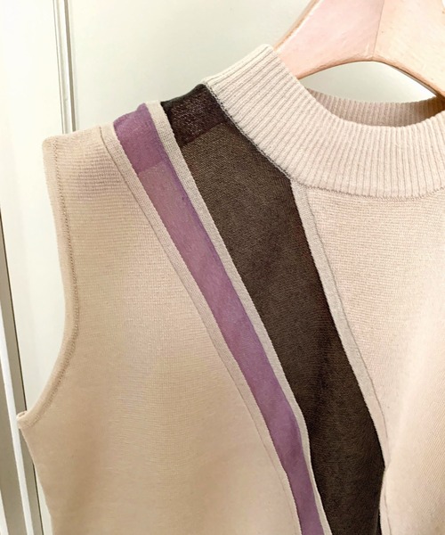 Q（キュー）の「シアーラインニット（ニット/セーター・レディース・ネイビー/グレイッシュベージュ・MEDIUM）」の7枚目の写真