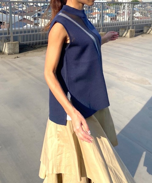 Q（キュー）の「シアーラインニット（ニット/セーター・レディース・ネイビー/グレイッシュベージュ・MEDIUM）」の22枚目の写真