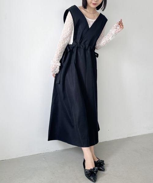 リゼッタ　ウールリネン　サイドリボン　ジャンパースカート　黒 リゼッタ ウールリネン サイドリボン ジャンパースカート 黒 リゼッタ