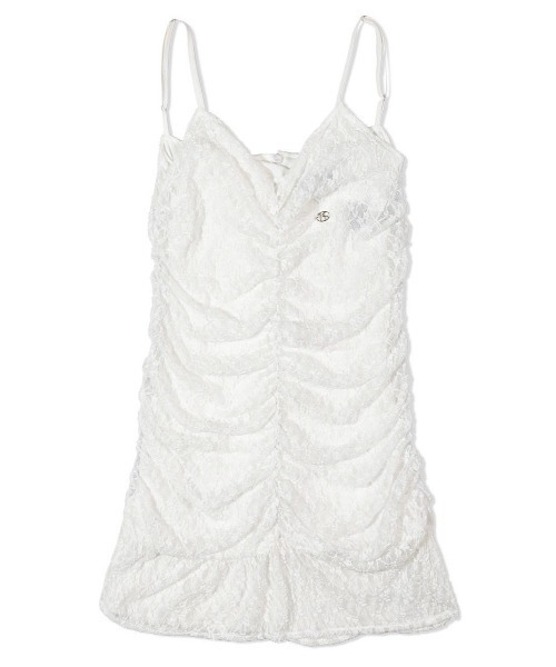 UGLY SHADOW（アグリーシャドウ）の「韓国ブランド Uglyshadow アグリーシャドウ TIE SHIRRING LACE DRESS タイ付きワンピース シャーリングワンピース キャミワンピ キャミソールワンピース レースワンピース 袖なしワンピース ノースリーブ スリーブレス 韓国ファッション 韓国ストリート ストリートファッション（ワンピース・レディース・ホワイト/ブラック・S）」の9枚目の写真