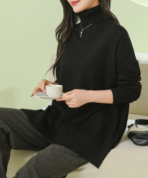 黒いニットセーター 長袖 スリット入り セール】サイド スリット タートルネック 長袖 ニット プルオーバー