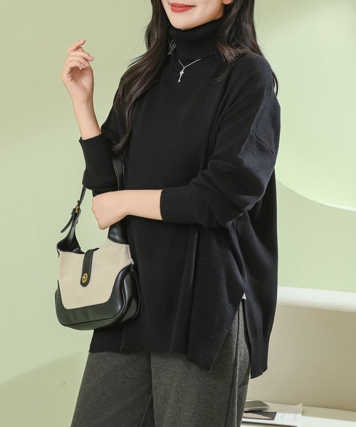 Lace Ladies（レースレディース）の「サイド スリット タートルネック 長袖 ニット プルオーバー（ニット/セーター・レディース・ベージュ/ブラック/グリーン/グレー・M）」の7枚目の写真