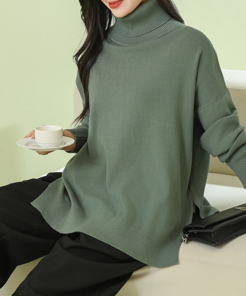 Lace Ladies（レースレディース）の「サイド スリット タートルネック 長袖 ニット プルオーバー（ニット/セーター・レディース・ベージュ/ブラック/グリーン/グレー・M）」の9枚目の写真