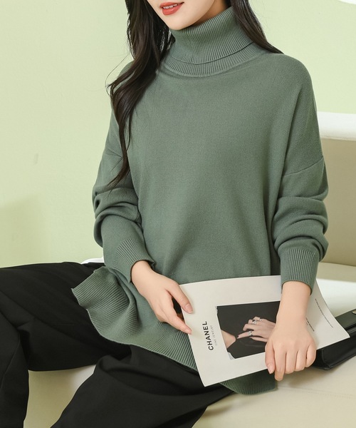セール】サイド スリット タートルネック 長袖 ニット プルオーバー