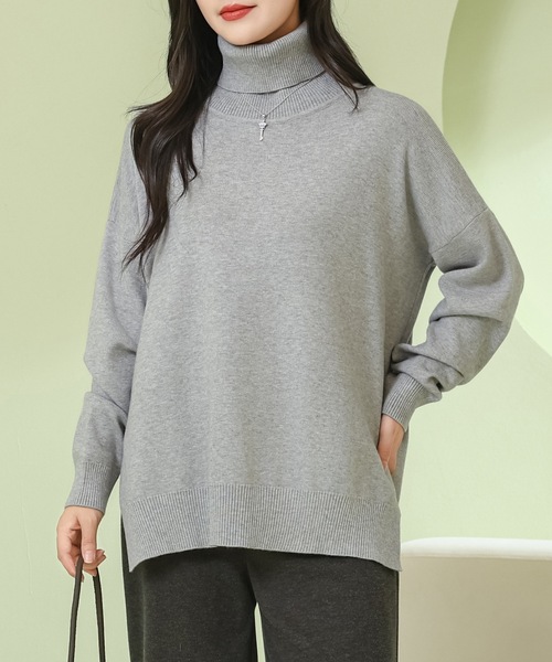 黒いニットセーター 長袖 スリット入り セーター レディース ニット 長袖 トップス ラウンド裾 チュニック