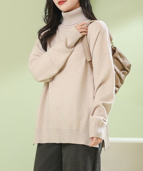 セール】サイド スリット タートルネック 長袖 ニット プルオーバー