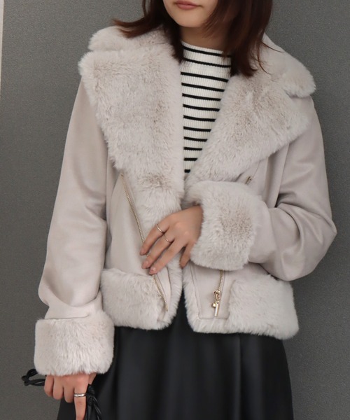 libelle more（リベル モア）の「スウェードポンチエコファー付きライダースジャケット（ライダースジャケット・レディース・ピンク/アイボリー/グレー/ベージュ/モカ・L/M）」の3枚目の写真