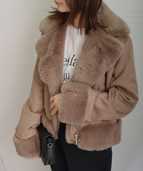 libelle more（リベル モア）の「スウェードポンチエコファー付きライダースジャケット（ライダースジャケット・レディース・ピンク/アイボリー/グレー/ベージュ/モカ・L/M）」の4枚目の写真