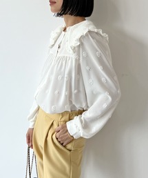 3D Floral Pattern Ruffle Big Collar Blouse