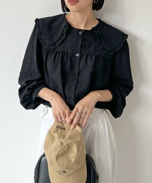 3D Floral Pattern Ruffle Big Collar Blouse