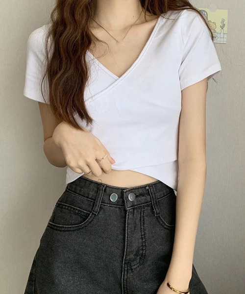 セール】フロントクロス ショート丈 スリムTシャツ ミニ丈（T