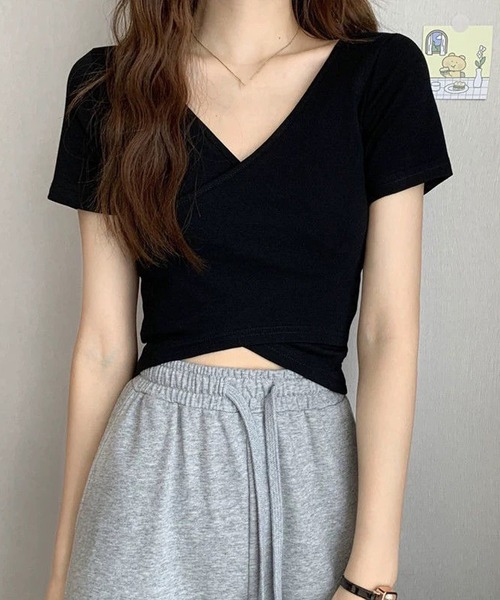セール】フロントクロス ショート丈 スリムTシャツ ミニ丈（T
