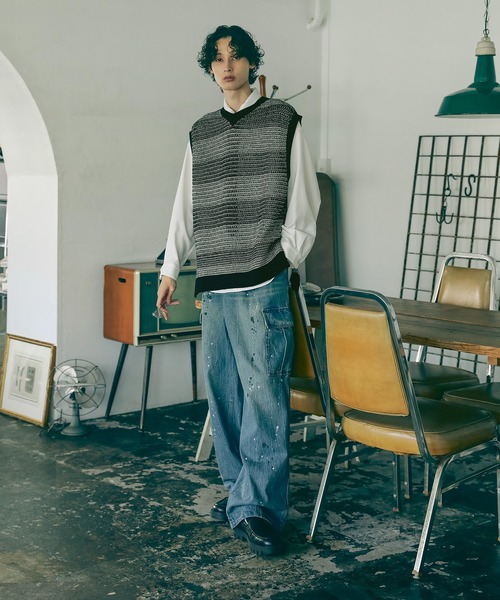 Bleme（ブレム）の「透かし編み メランジ ボーダー ルーズ メッシュ ニットベスト（ベスト・メンズ・ブラック系/グリーン系・L/M/S/XL）」の9枚目の写真