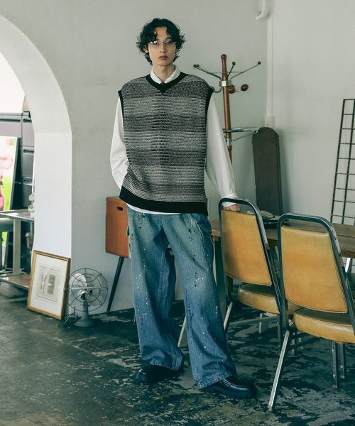 Bleme（ブレム）の「透かし編み メランジ ボーダー ルーズ メッシュ ニットベスト（ベスト・メンズ・ブラック系/グリーン系・L/M/S/XL）」の10枚目の写真