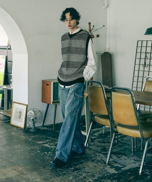 Bleme（ブレム）の「透かし編み メランジ ボーダー ルーズ メッシュ ニットベスト（ベスト・メンズ・ブラック系/グリーン系・L/M/S/XL）」の11枚目の写真