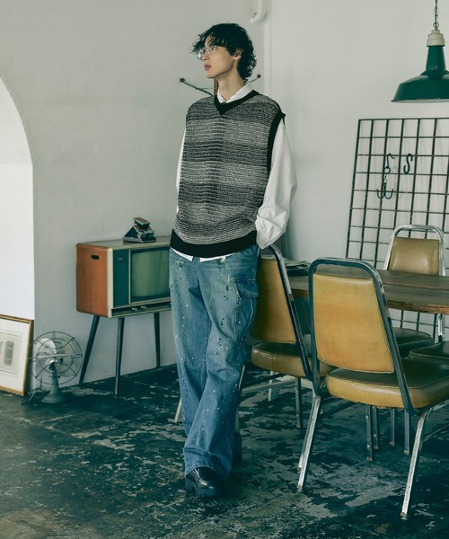 Bleme（ブレム）の「透かし編み メランジ ボーダー ルーズ メッシュ ニットベスト（ベスト・メンズ・ブラック系/グリーン系・L/M/S/XL）」の12枚目の写真