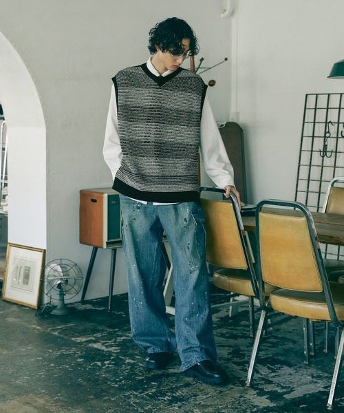 Bleme（ブレム）の「透かし編み メランジ ボーダー ルーズ メッシュ ニットベスト（ベスト・メンズ・ブラック系/グリーン系・L/M/S/XL）」の13枚目の写真