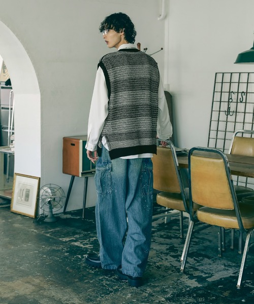 Bleme（ブレム）の「透かし編み メランジ ボーダー ルーズ メッシュ ニットベスト（ベスト・メンズ・ブラック系/グリーン系・L/M/S/XL）」の14枚目の写真