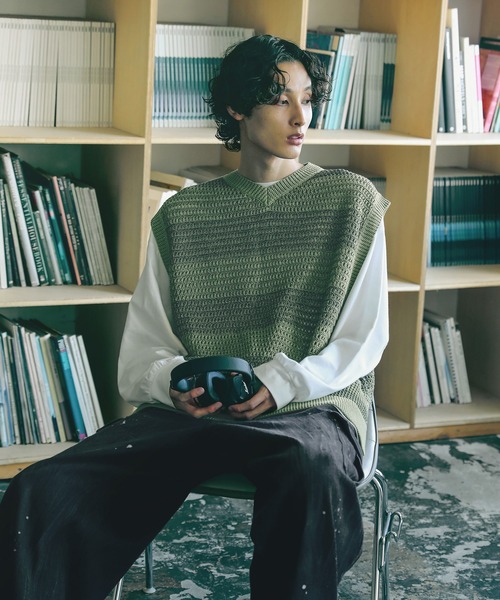 Bleme（ブレム）の「透かし編み メランジ ボーダー ルーズ メッシュ ニットベスト（ベスト・メンズ・ブラック系/グリーン系・L/M/S/XL）」の21枚目の写真