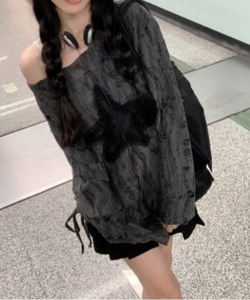 LADY LIKE(レディライク)の「星型チュールサイド絞りダメージ加工トップス(Tシャツ/カットソー・レディース・ホワイト/ダークグレー・M)」の7枚目の写真