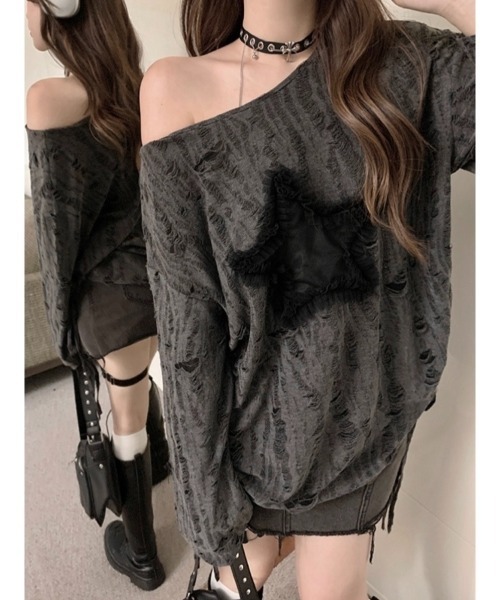LADY LIKE(レディライク)の「星型チュールサイド絞りダメージ加工トップス(Tシャツ/カットソー・レディース・ホワイト/ダークグレー・M)」の10枚目の写真