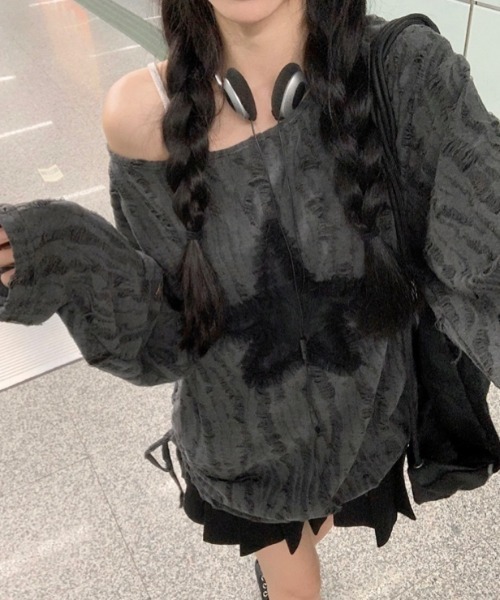 LADY LIKE(レディライク)の「星型チュールサイド絞りダメージ加工トップス(Tシャツ/カットソー・レディース・ホワイト/ダークグレー・M)」の11枚目の写真