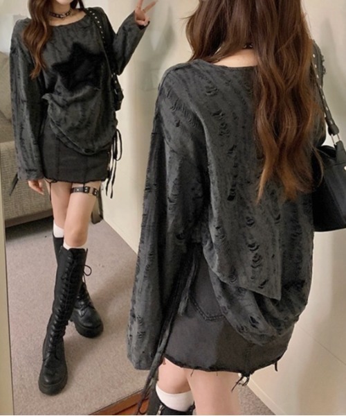 LADY LIKE(レディライク)の「星型チュールサイド絞りダメージ加工トップス(Tシャツ/カットソー・レディース・ホワイト/ダークグレー・M)」の13枚目の写真