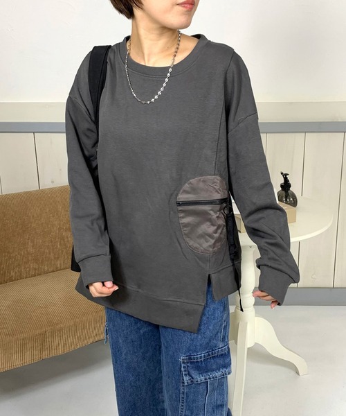 CRB(シーアールビー)の「ジップ付ポケットトップス(Tシャツ/カットソー・レディース・ブラック/カーキ/チャコールグレー・F)」の9枚目の写真