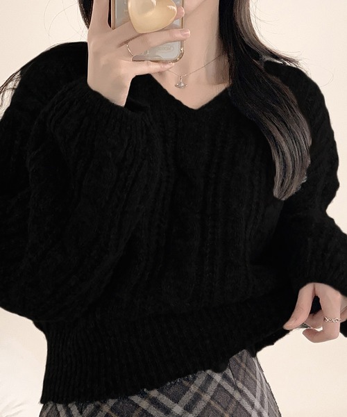 Doula Doula（ドゥーラドゥーラ）の「Vネックケーブルニット（ニット/セーター・レディース・オフホワイト/グレー/ブラック・FREE）」の10枚目の写真