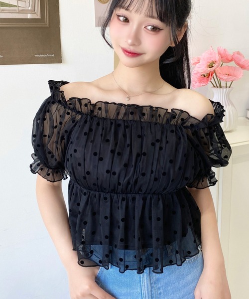 セール】フロッキードットチュール2WAYオフショルペプラムトップス
