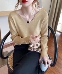 Vネック リブニットソー キーネック