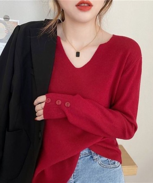 Asterellivi(アステレリビ)の「Vネック リブニットソー キーネック(ニット/セーター・レディース・パープル/ベージュ/ホワイト/ピンク/レッド/ブラック/ブルー・FREE)」の16枚目の写真