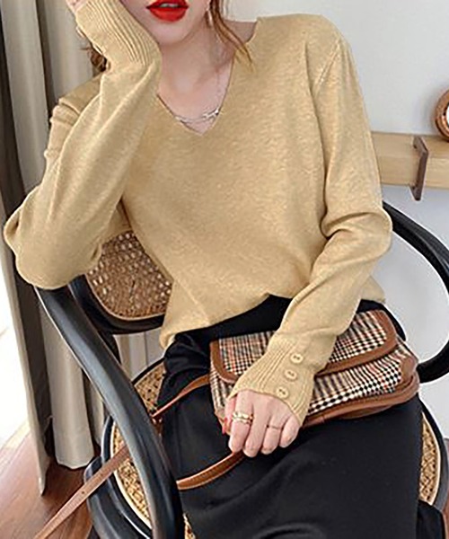 Asterellivi(アステレリビ)の「Vネック リブニットソー キーネック(ニット/セーター・レディース・パープル/ベージュ/ホワイト/ピンク/レッド/ブラック/ブルー・FREE)」の17枚目の写真