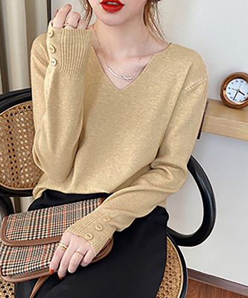Asterellivi(アステレリビ)の「Vネック リブニットソー キーネック(ニット/セーター・レディース・パープル/ベージュ/ホワイト/ピンク/レッド/ブラック/ブルー・FREE)」の18枚目の写真