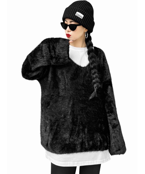 【LVEU.】モヘアVネックシャギーニット(Ai select) / トップス シャギー モヘア セーター ニット Vネック 起毛 ふわふわ 暖かい オーバー ブラック ホワイト（ニット/セーター）｜LVEU.（ラブユ.）ニット/セーター